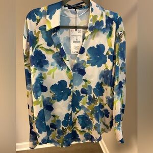 Zara Blue and Green Long Sleeve Notched Collar Blouse